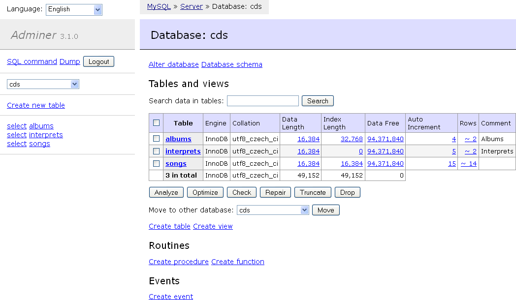 Capture d’écran de Adminer