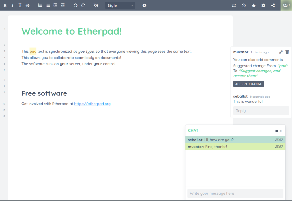 Screenshot di Etherpad