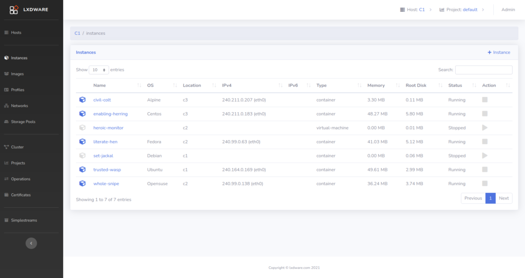 Capture d’écran de LXD Dashboard