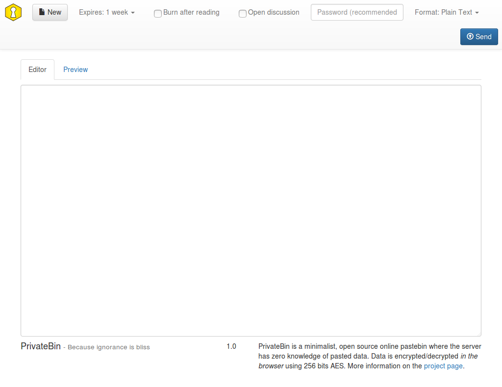 Screenshot of PrivateBin
