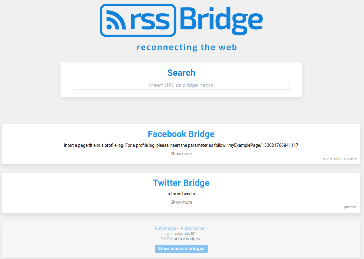 RSS-Bridge(r)en pantaila-argazkia