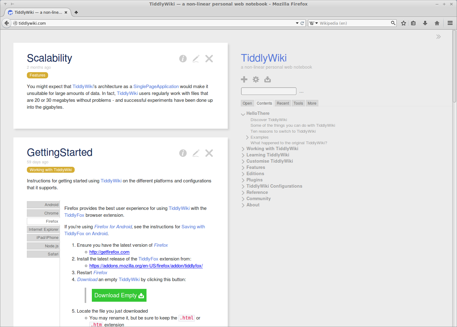 Screenshot of TiddlyWiki