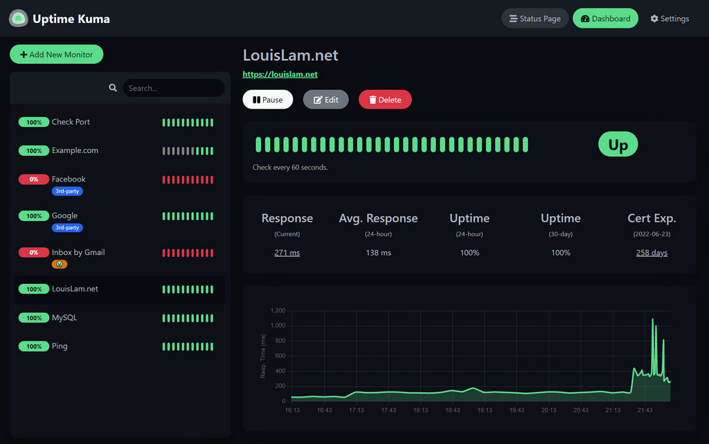 Capture d'écran de Uptime Kuma