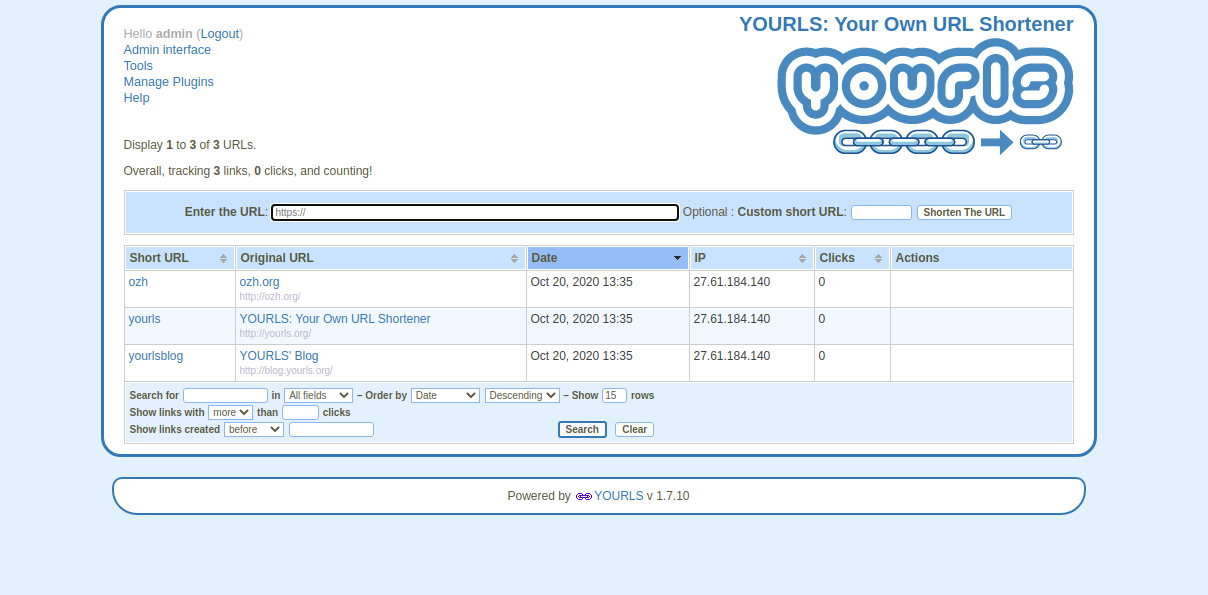 Screenshot of Yourls